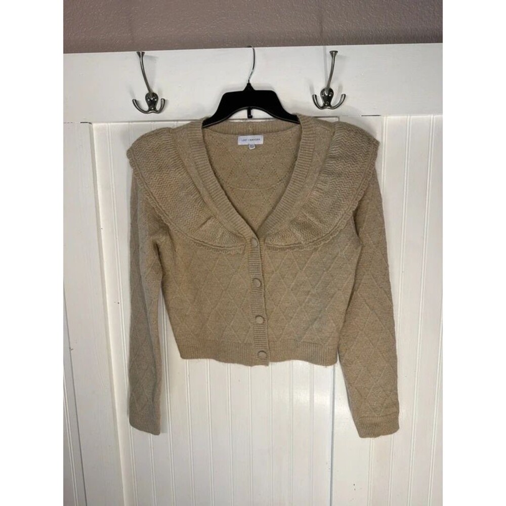 Lost+Wander Cardigan Sweater Sz M/L tan cropped Fall ruffle button heavyweight